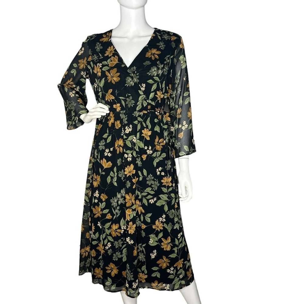 New Calvin KLEIN CHIFFON MIDI DRESS 3/4 Sleeve Floral Olive Green Size 2